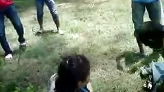 Lesbians foundle dogs in the park on a bench.